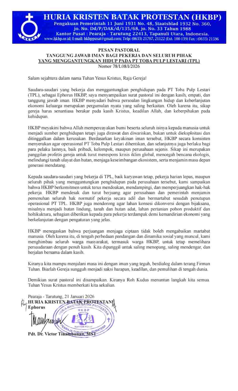 pesan pastoral hkbp terkait ditutupnya TPL